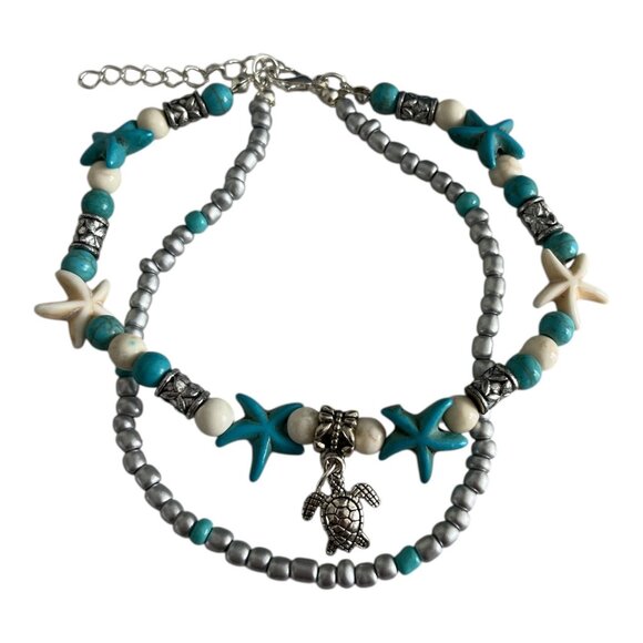 Starfish and Turtle Beaded Bracelet – Silver, Turquoise, and Ivory Beads – Beach - Picture 2 of 5